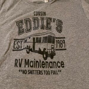 NWOT Cousin Eddie’s RV shirt!  Size Large. Gray with black print.
